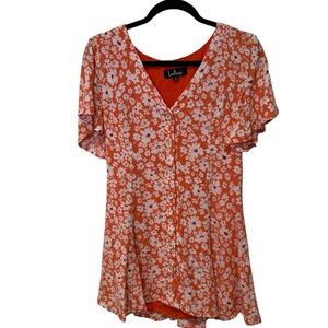 Lulu's Orange Magnolia Floral Dress w/ Flutter Sleeves and Criss-Cross Back Tie